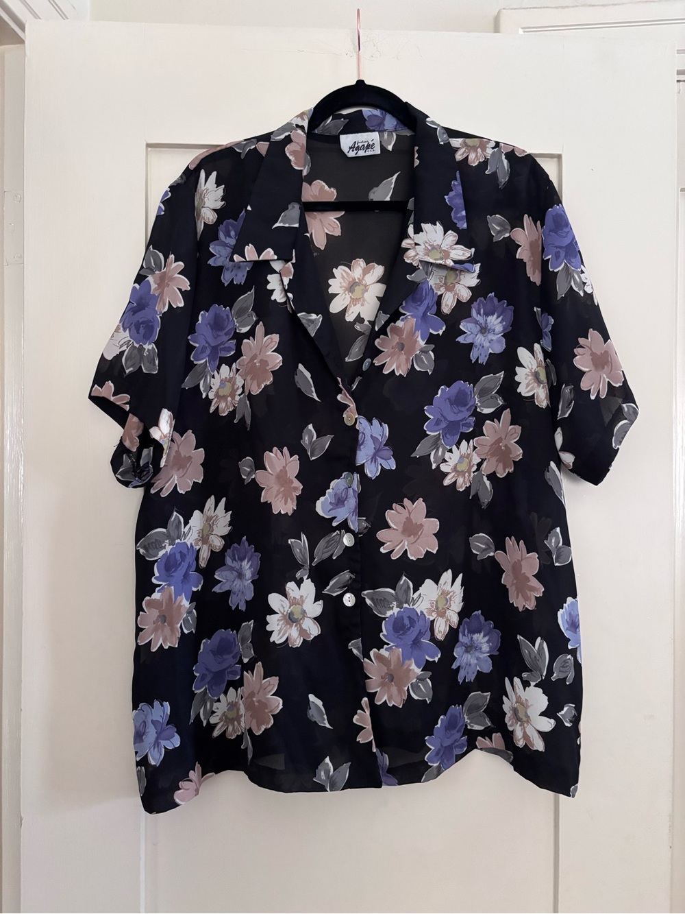 Agapé Black Floral Sheer Button-Up Blouse with Purple & Blush Blooms